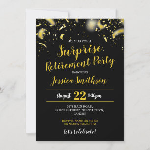 Confetti Surprise Pension Party Black Guld Inbjudningar