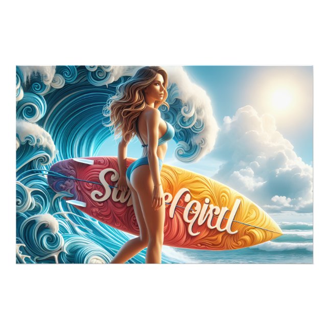 Confident Surfer Girl Walking Beach Waves Art Fototryck (Framsidan)
