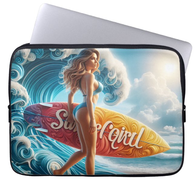 Confident Surfer Girl Walking Beach Waves Art Laptop Fodral (Framsidan)