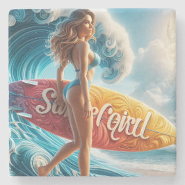 Confident Surfer Girl Walking Beach Waves Art Stenunderlägg