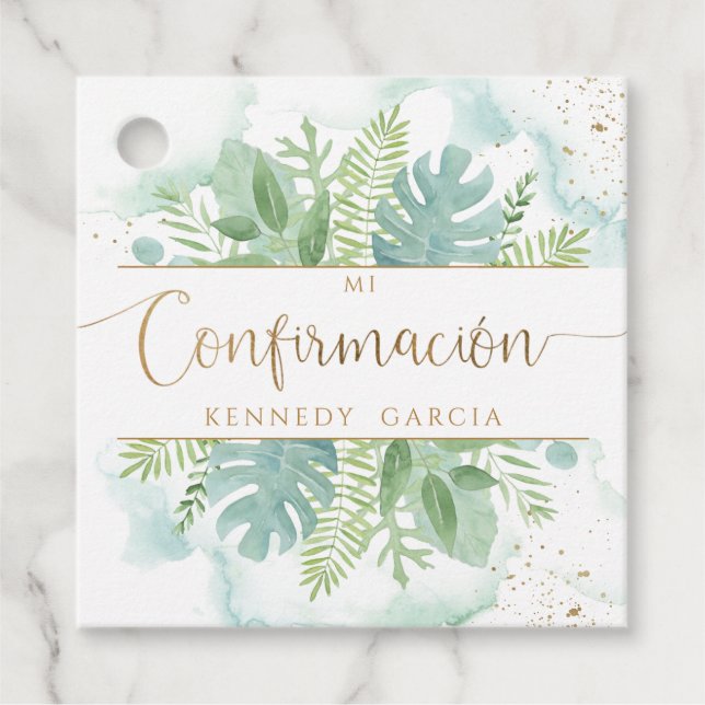 Confirmación, Greenery & Blue Grönt Watercolor Gåvor Etiketter (Framsida)