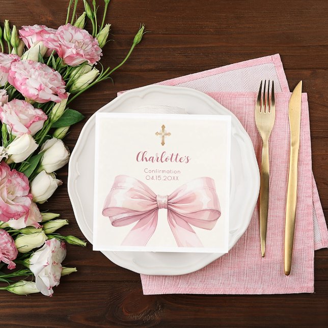 Confirmation blush pink bow cream cross luncheon pappersservett (Skapare uppladdad)
