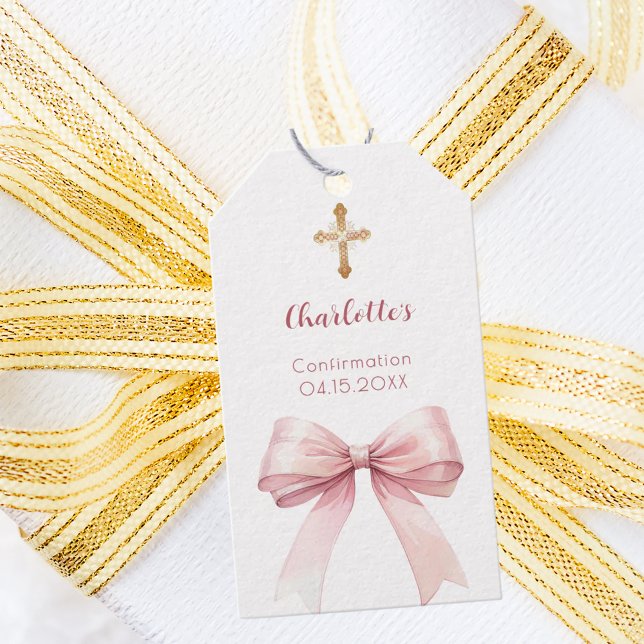 Confirmation blush pink bow cross girl DIY Presentetikett (Skapare uppladdad)