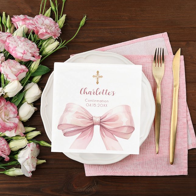 Confirmation blush pink bow cross luncheon pappersservett (Skapare uppladdad)
