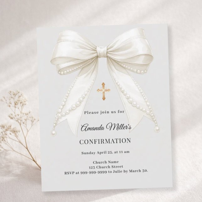 Confirmation bow ivory pearls girl gray invitation (Skapare uppladdad)