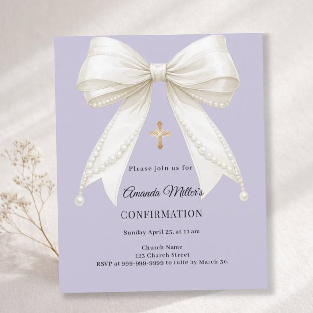 Confirmation bow ivory pearls lavender invitation (Skapare uppladdad)