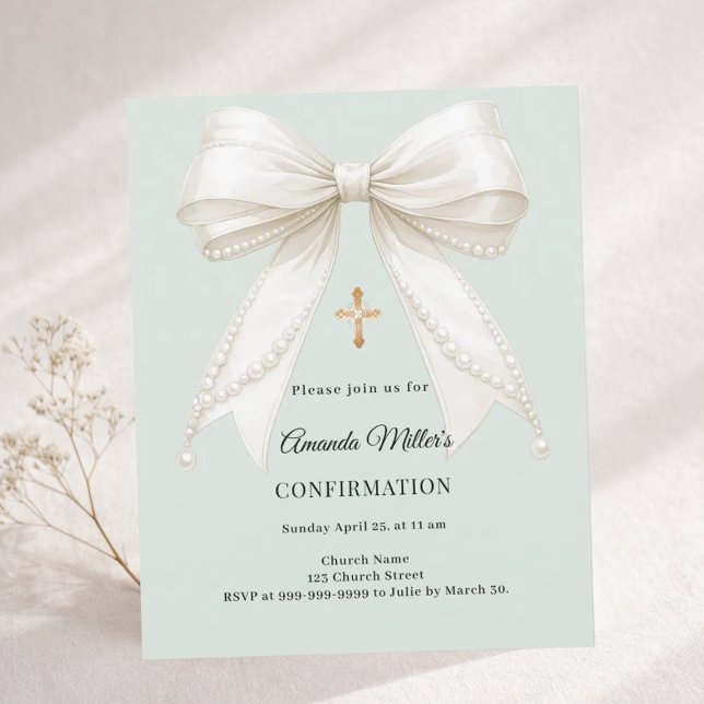 Confirmation bow ivory pearls sage invitation (Skapare uppladdad)