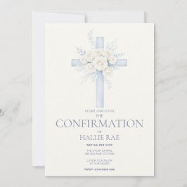 Confirmation Invite, Modern Blue Floral Cross Inbjudningar