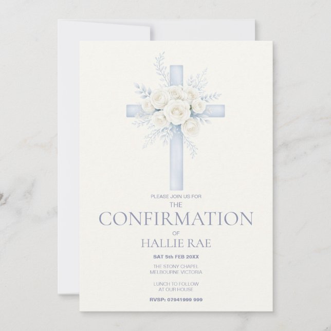 Confirmation Invite, Modern Blue Floral Cross Inbjudningar (Framsida)