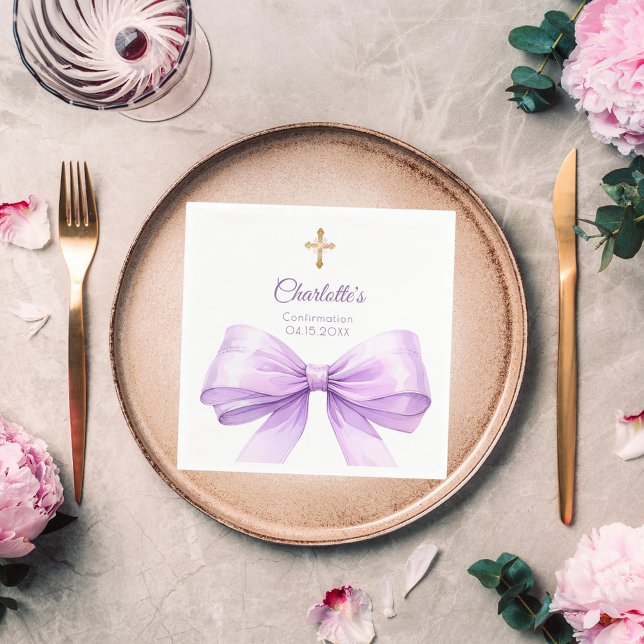 Confirmation lavender bow cross luncheon pappersservett (Skapare uppladdad)