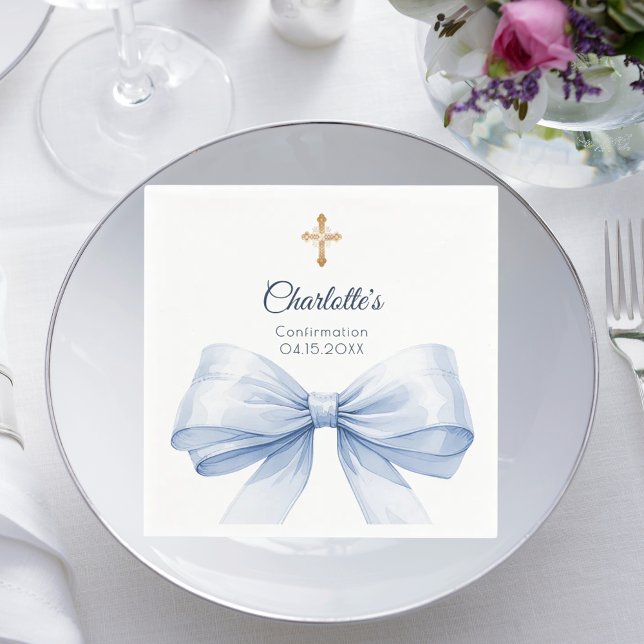 Confirmation light blue bow cross luncheon pappersservett (Skapare uppladdad)