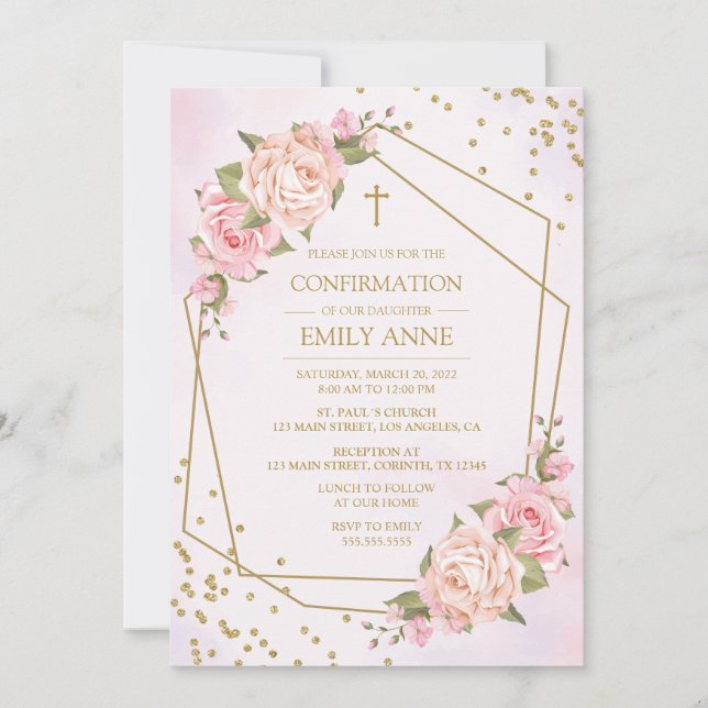 Confirmation Pink Floral Invitation Inbjudningar (Framsida)