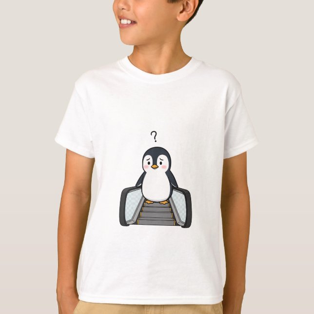Confused Cute Penguin Standing on Escalator T Shirt (Framsida)