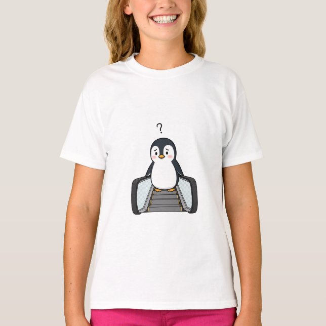 Confused Cute Penguin Standing on Escalator T Shirt (Framsida)