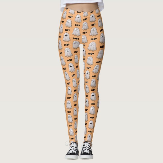 Confused Ghost Says "Oob?" Funny Halloween Cartoon Leggings (Framsida)