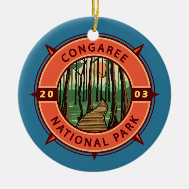 Congaree National Park Retro Compass Emblem Julgransprydnad Keramik (Framsidan)