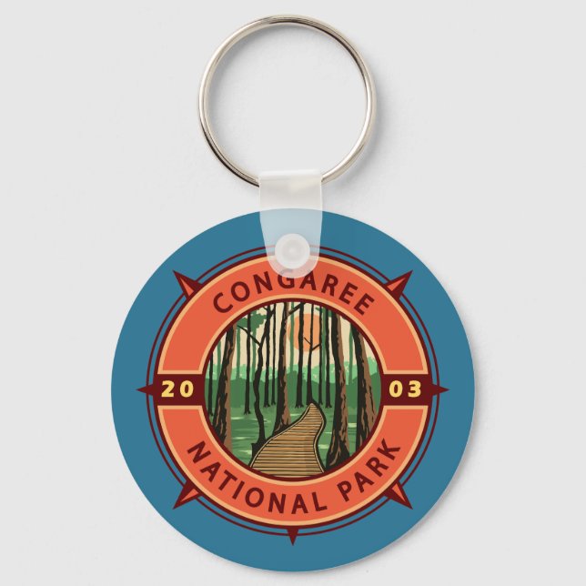 Congaree National Park Retro Compass Emblem Nyckelring (Framsida)