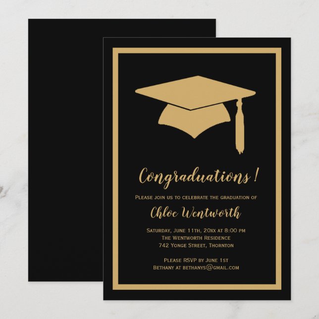 "Congradation" inbjudan till Faux Guld / Black Gra (Fram/baksida)