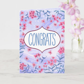 Congrats Blue and Pink Floral Celebration Card Kort
