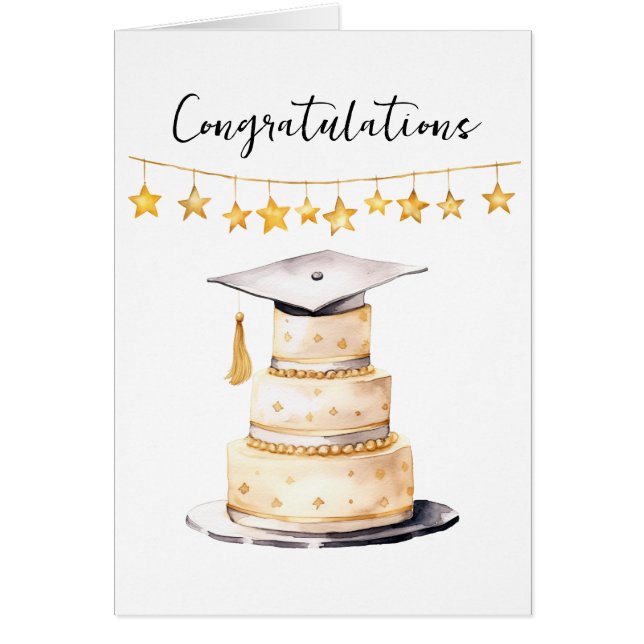 Congrats Grad Watercolor Hat and Cake Hälsningskort (Framsidan)