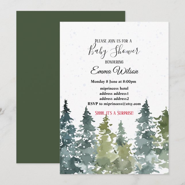 Conifer Gräs Träd, inbjudan till babydusch (Fram/baksida)