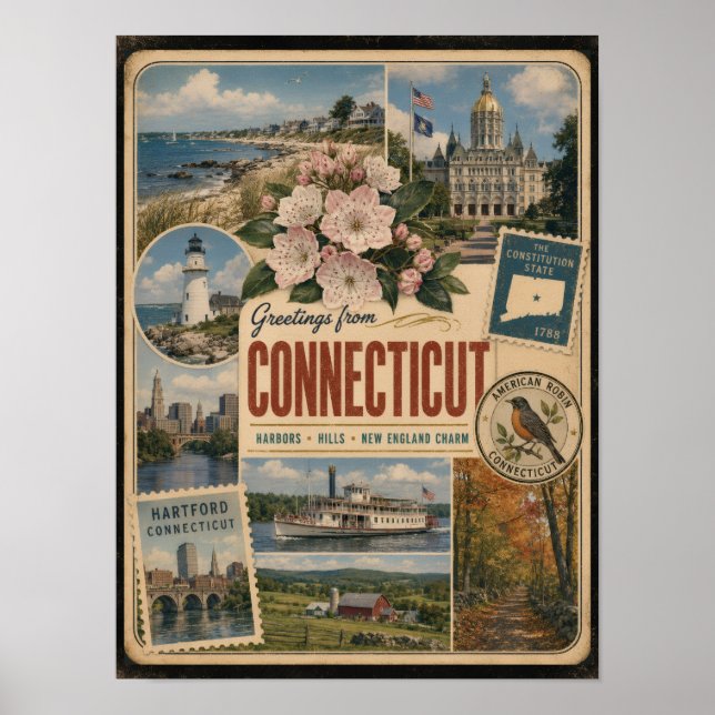 Connecticut Äkta Vintage Stil Poster (Framsidan)