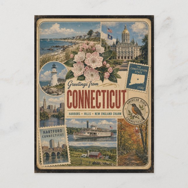 Connecticut Äkta Vintagestil Vykort (Framsida)