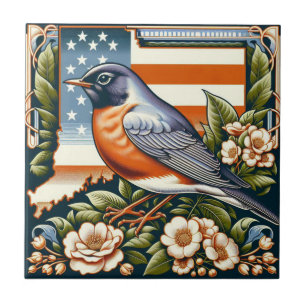 Connecticut American Robin och State Flower Blue Kakelplatta