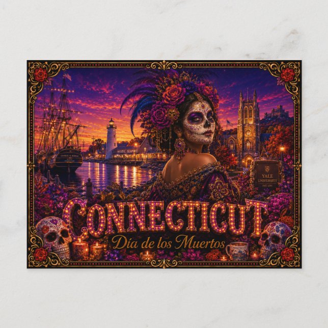 Connecticut Día de los Muertos Retro Vykort (Framsida)