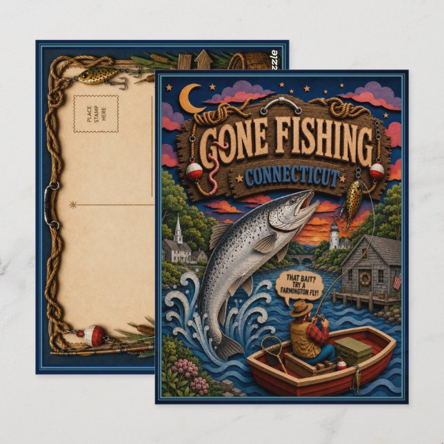 Connecticut Gone Fishing Atlantisk Lax Vykort (Fram/baksida)