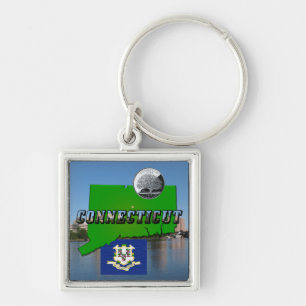 Connecticut' Karta, Text, Faux Quarter, Flagga Sce Fyrkantig Silverfärgad Nyckelring