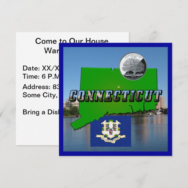 Connecticut' Karta, Text, Faux Quarter, Flagga Sce Inbjudningar (Fram/baksida)