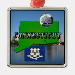 Connecticut' Karta, Text, Faux Quarter, Flagga Sce Julgransprydnad Metall