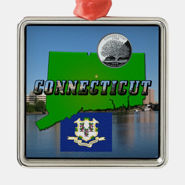 Connecticut' Karta, Text, Faux Quarter, Flagga Sce Julgransprydnad Metall (Framsidan)