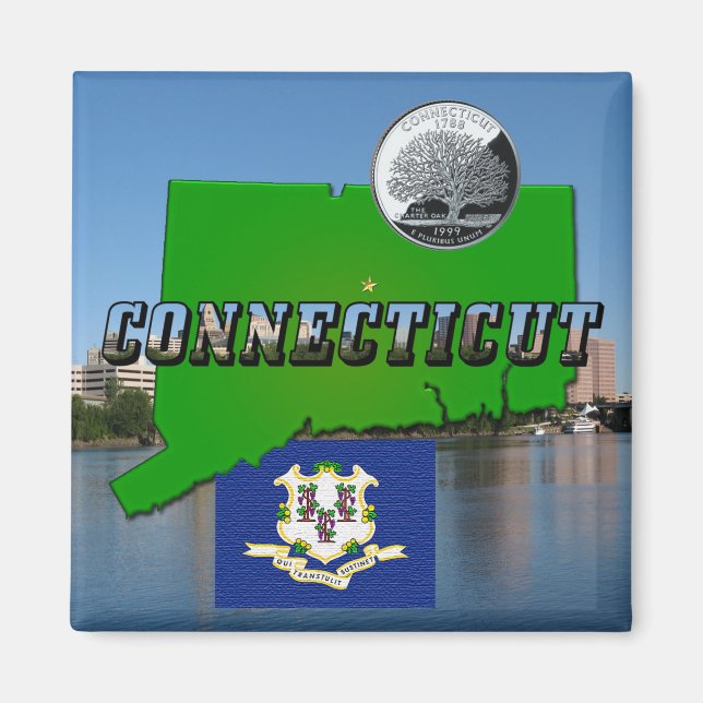 Connecticut' Karta, Text, Faux Quarter, Flagga Sce Magnet (Framsidan)