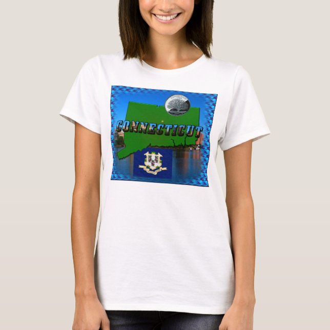Connecticut' Karta, Text, Faux Quarter, Flagga Sce Tee Shirt (Framsida)