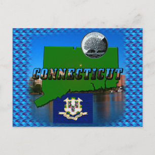 Connecticut' Karta, Text, Faux Quarter, Flagga Sce Vykort