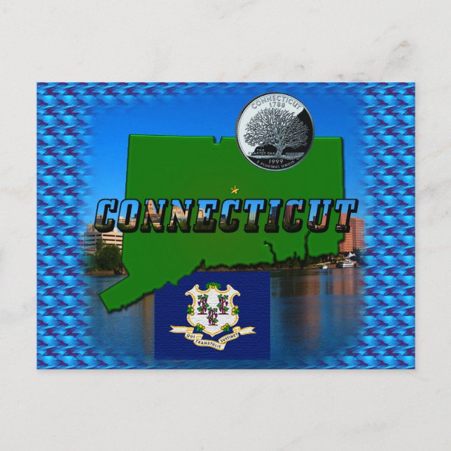 Connecticut' Karta, Text, Faux Quarter, Flagga Sce Vykort (Framsida)