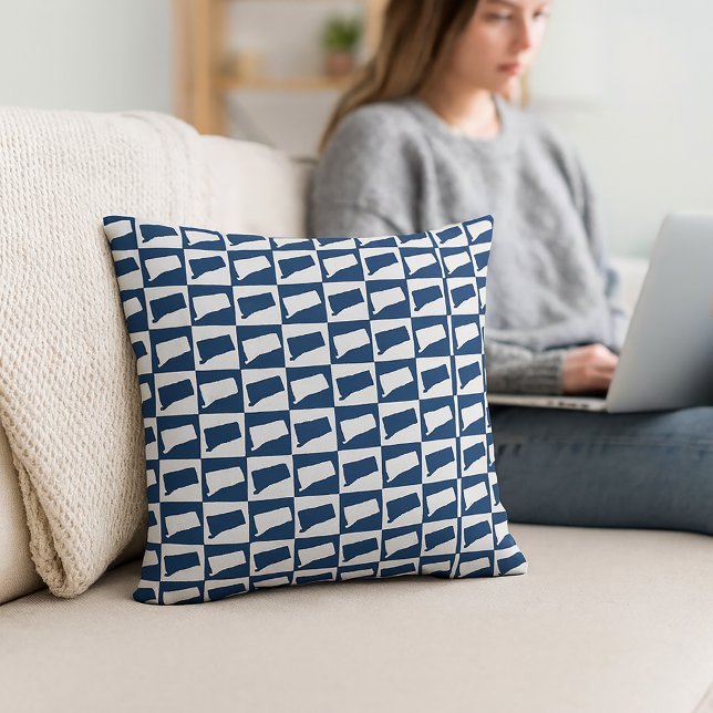 Connecticut Outline Pattern Blue and White Kudde (A throw pillow with a blue and white checkerboard pattern featuring the US state of Connecticut.)