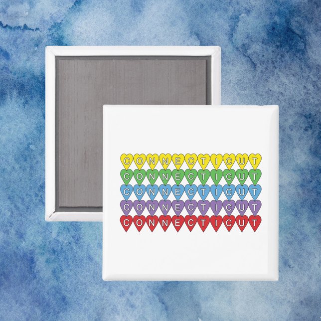 Connecticut Rainbow Hearts Mönster Magnet (A fun magnet with a pattern of hearts that say Connecticut)