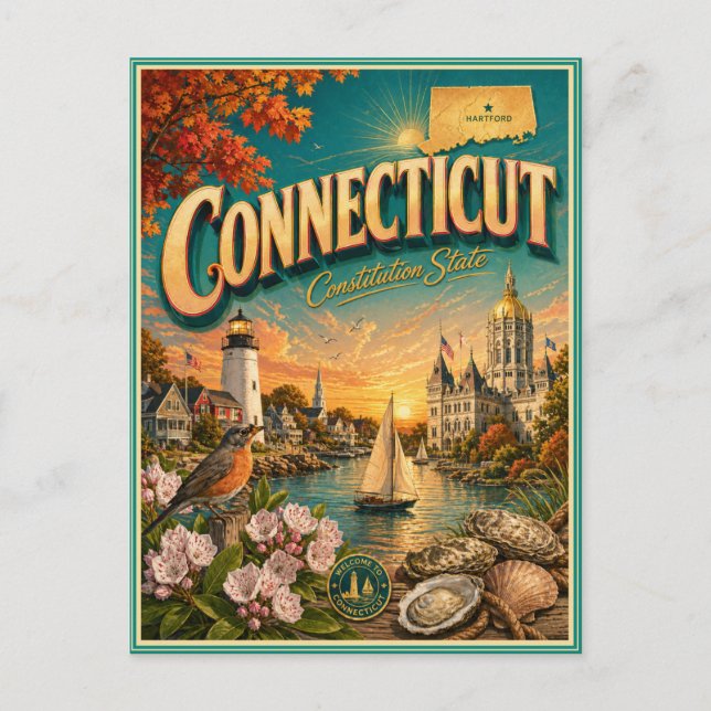 Connecticut Retro Resa Souvenir vykort (Framsida)