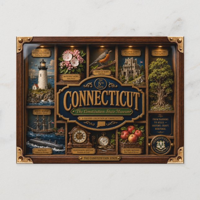 Connecticut Shadow Box 3D Figurin Delstat Vykort (Framsida)
