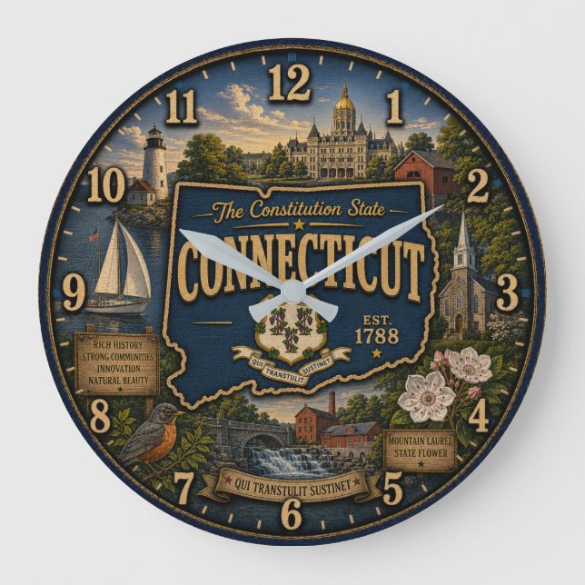 Connecticut State Constitution State Map Landmark Stor Klocka (Framsida)