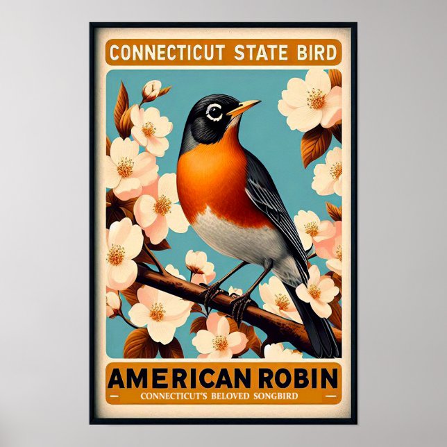 Connecticut State Fågel - Amerikansk Rödbröst Vint Poster (Framsidan)