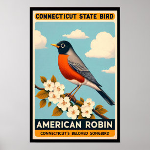 Connecticut State Fågel - Amerikansk Rödbröst Vint Poster