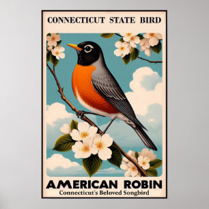 Connecticut State Fågel - Amerikansk Rödbröst Vint Poster