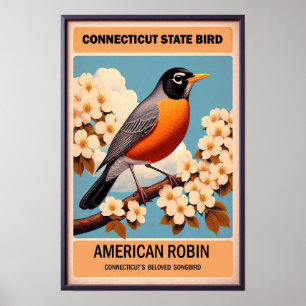 Connecticut State Fågel - Amerikansk Rödbröst Vint Poster