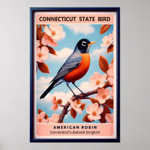 Connecticut State Fågel - Amerikansk Rödbröst Vint Poster