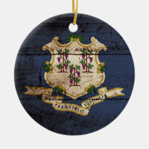 Connecticut statlig flagga på gammalt Wood korn Julgransprydnad Keramik