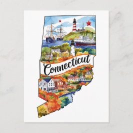 Connecticut USA State Shaped Vintage Watercolor Vykort